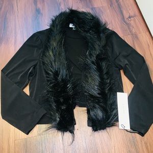 NWT Calvin Klein Small Black Fur Trim Lightweight 3/4 Sleeve Cardigan Sweater